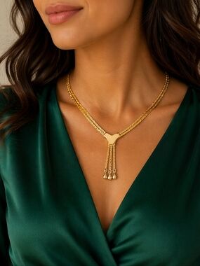 Vintage Serpentine Lariat Necklace Gold-tone Double Strand Bolo
